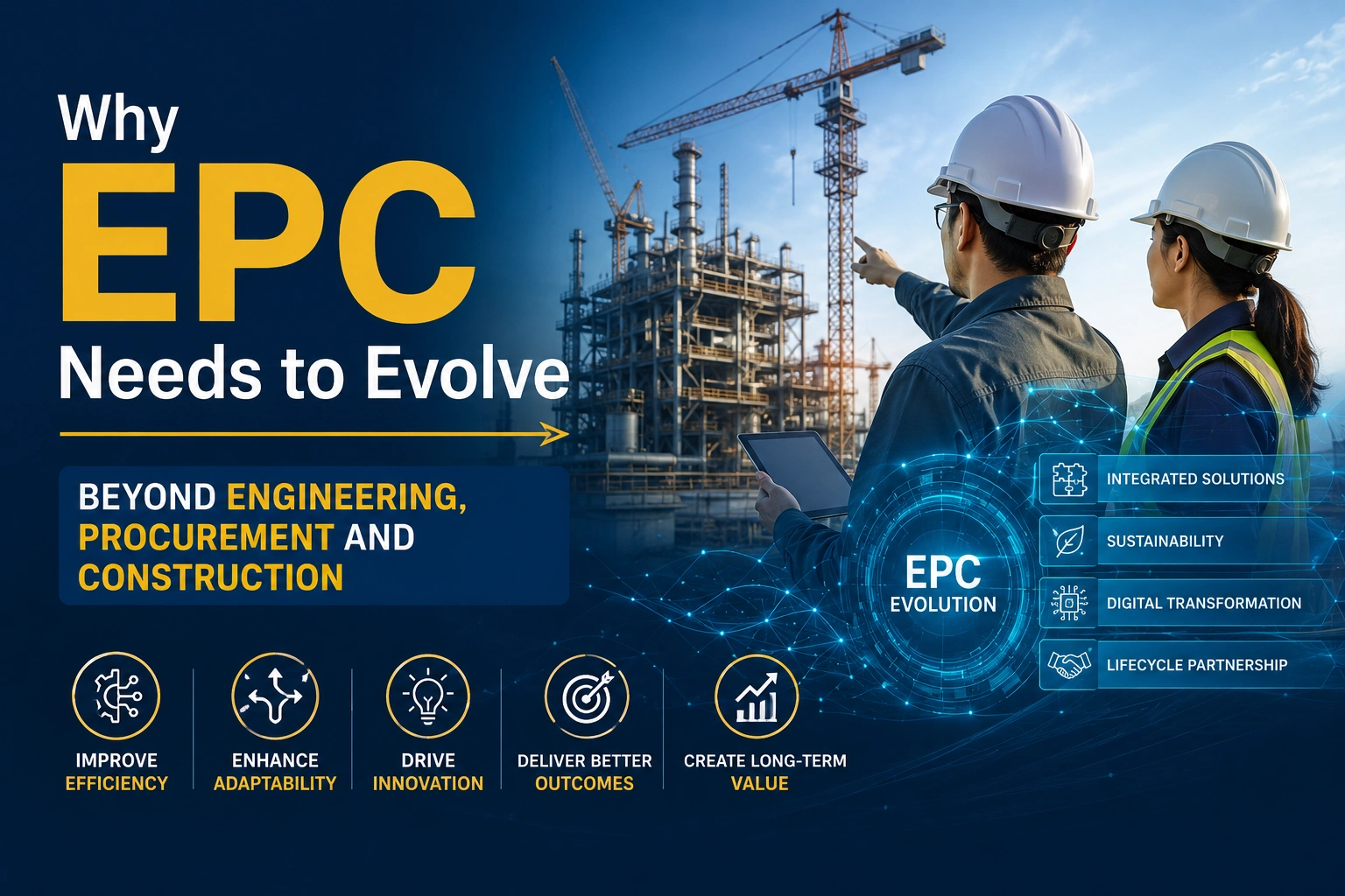 EPC evolution beyond engineering, procurement, and construction, highlighting digital transformation, sustainability, integrated solutions, innovation, and long-term project value.