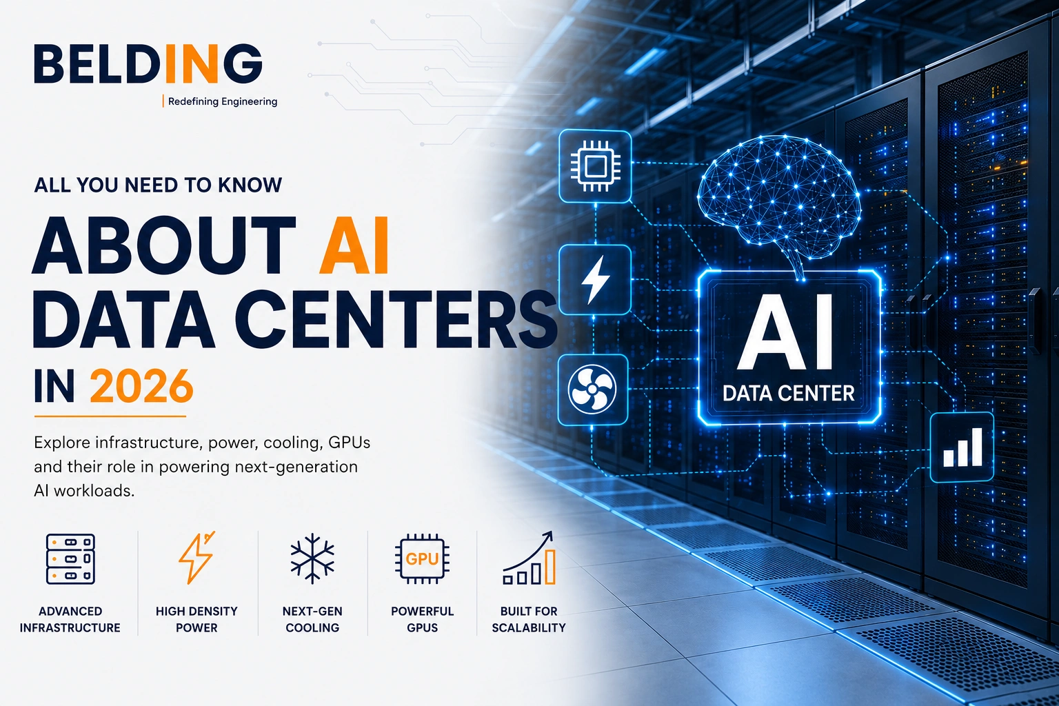 Belding India AI data center featured image showing server racks, AI technology graphics, and key infrastructure elements including high-density power, next-generation cooling, powerful GPUs, and scalability.